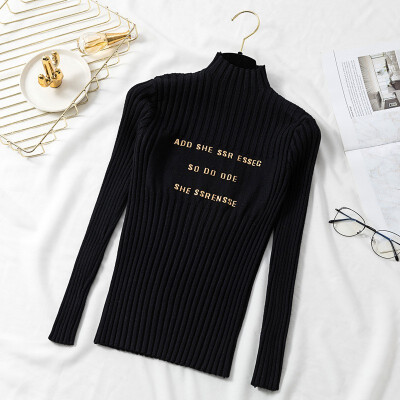 

Women Sweater Autumn Knitted Turtleneck Embroidery Letter Long Sleeve Sweater Knitwear Elasticity Casual Jumper Slim Pullover