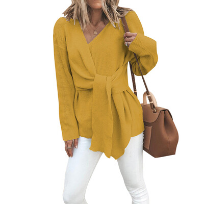 

Womens V-neck Tie Long-sleeved Sweater Fashion Solid Color Autumn Winter Sweater
