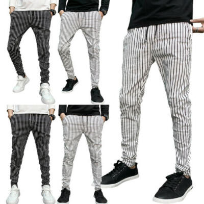 

Mens Pants Skinny Striped Casual Slim Fit Autumn Ankle Length Long Trousers UK