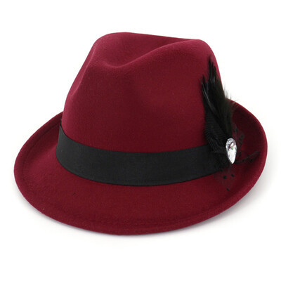

6 Colors Men Hard Felt Feather Trilby Jazz Hat Woolen Pork Pie Hat