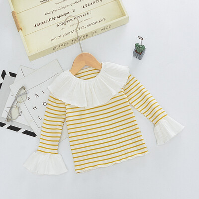 

Children Cotton Cute Striped Print Lotus Leaf Collar Wear Bottoming Long Sleeved Cotton Casual t-Shirt