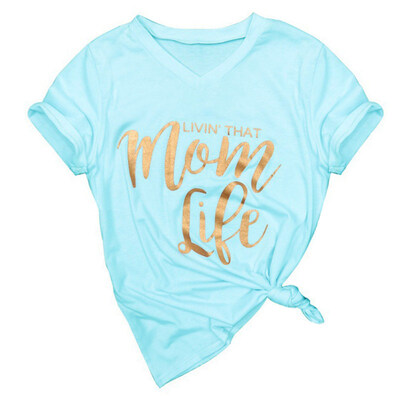 

Summer Mom Life Gilding Letter Print Womens Short Sleeve V Neck T-Shirt Top