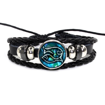 

Retro Leather Rope Twelve Constellations Time Gem Weaving Bracelet Fashion Wild Men Women Accessories