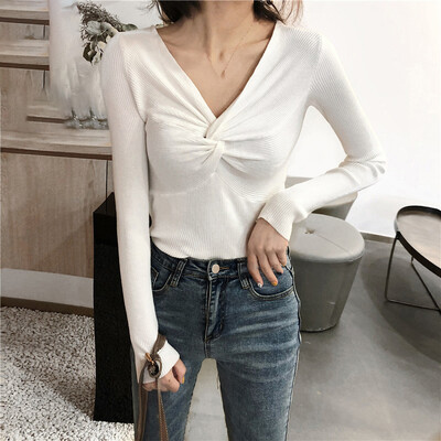 

Womens Sexy V-Neck Long Sleeve Knitted Tops Cross Tie Sweater Jumper Blouse New