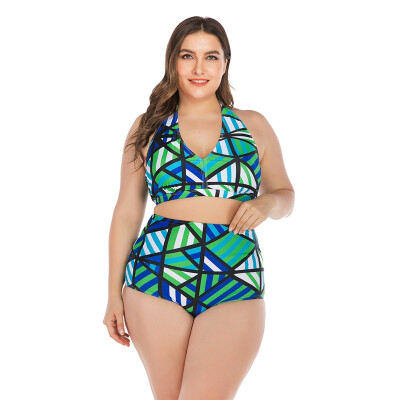 

Women Tankini Printed Halter Top High Waist Bikini Swimwear Lady Wire Free Padded Bra Plus Size Swimsuit Beach Suit