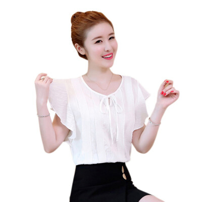 

Chiffon Blouse Bow Butterfly Sleeve Women Shirt Lady Summer Short Sleeve Blouse O Neck Shirt Fit Casual Top Yellow White Pink