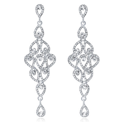 

Vintage Hollow Teardrop Silver Color Crystal Chandelier Bridal Pendant Dangle Earrings for Women Female Long Drop Earring
