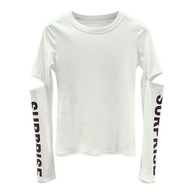 

Women Loose Round Collar Summer Hollow Letter Print Loose Long Sleeve Casual Simple Wild T-Shirt
