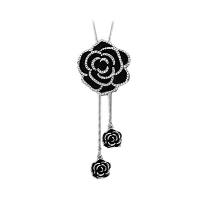 

Black Rose Pendant Women Girls Sweaters Necklace Rhinestone Decor Zinc Alloy Long Chains Jewelry