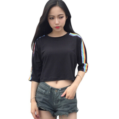 

2018 Summer T-shirt Women Lady Cropped Top Rainbow Printed Top Fashion Loose T-shirts For Women