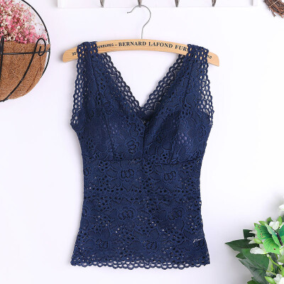 

Sexy V-Neck Sleeveless Solid Color Lace Flower With Chest Pad Women Camisoles Breathable Autumn And Winter Slim Tops Female Vest