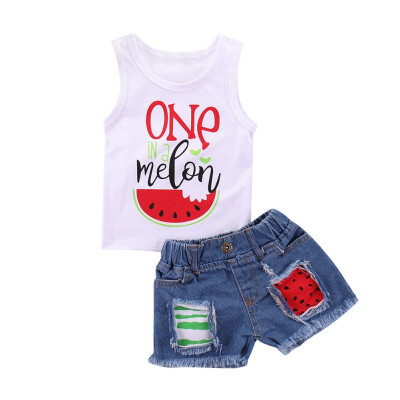 

Boys Girls Sleeveless Cartoon Print Tops Vest T-shirt Casual Denim Shorts Children Casual Outfits Sets Summer Clothes