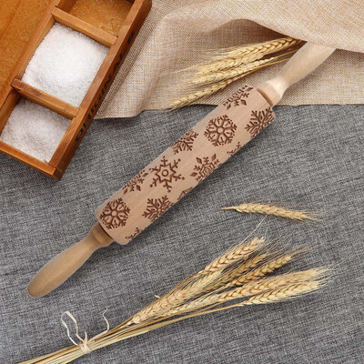 

Gobestart Christmas Rolling Pin Engraved Carved Wood Embossed Rolling Pin Kitchen Tool