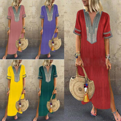 

Women Short Sleeve Boho Casual Loose Floral Kaftan Maxi Dress Ladies Long Dress