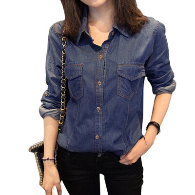 

Women Casual Blue Denim Shirt Lapel Long-sleeved Slim Thin Shirt Fashion Button Pocket Wild Women Denim Blouse Tops