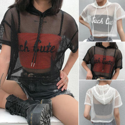 

New Women Ladies Short Sleeve Crop Top Fishnet Mesh See Through T-Shirt Blouse