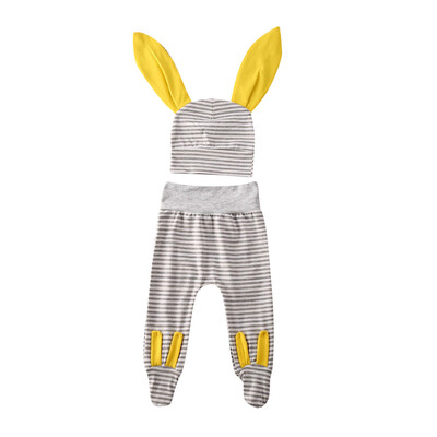 

2pcs Newborn Baby Boy Girls Stripe Outfits Wrap Foot Pants Long Ear Hat Clothes