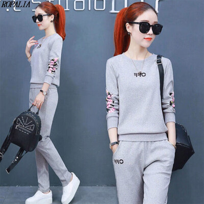 

Womens Long Sleeve T-Shirt Ankle-Length Pants 2PCSSet O-Neck Letter Print Top Elastic Waist Pockets Sports Suit