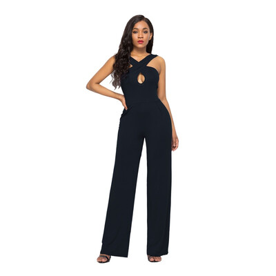 

Sexy Solid Bandage Cross Hollow Out Backless Sling Women Jumpsuit Romper Loose Summer Jumpsuit Playsuit Wide Leg Overalls Female