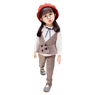 

3pcs Toddler Baby Kids Girls Outfits Cotton Top T-shirtPlaid VestTrousers Set Long Sleeves Autumn Clothes Outfits Sets 1-5T