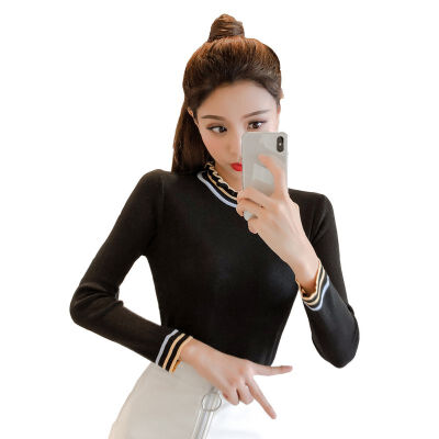 

Fashion Knitted Slim Long Sleeves Bottoming Tops Ruffles Half High Coullar Sweaters Women Autumn Striped Print Pullovers Female