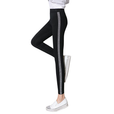 

ROPALIA Women Autumn Winter Plus Size Leggings Velvet Sporting Leggings Wild Slim Casual Pants Side Striped Trousers