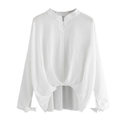 

WEIXINBUY Long Sleeve V-Neck Fold Blouse Casual Loose Blouse Bow-knot Sleeve Asymmetric Shirt Striped Plaid Tops Female