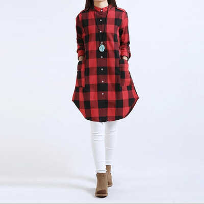 

Summer Women Cotton Linen Plaid Loose Beach Tops Sundress Party Shirts Size -XXL