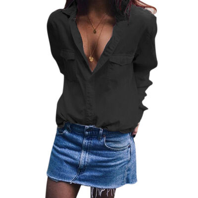

Button V-neck solid color T-shirt casual loose T-shirt long-sleeved shirt women\s 2019 autumn new long sleeve