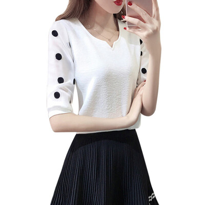 

Plus Size Blouse Womens Korean Style Dot Print V-Neck Shirt Lace Short Sleeve Chiffon Pullover Blouse mujer de moda blusa