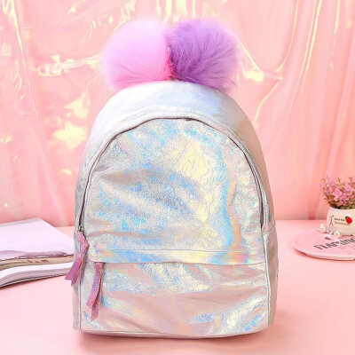 

Fashion Women Girl Holographic Laser Backpack Student Girl Pu Leather Backpack With Big Plush Ball Schoolbag Tote Bag