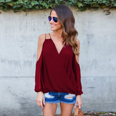 

Woman Chiffon Blouses Shirts Casual Tops Clothing Sexy V Neck Long Sleeve Off Shoulder Shirts Top