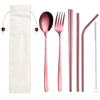 

Toponeto Stainless Steel Dinnerware Set Metal Straw Spoon Fork Chopsticks Tableware 6 Pcs
