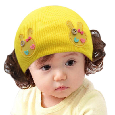 

Autumn Winter Baby Girl Hat With Wig Kids Toddler Infant colorful Cute Knitted BeaniesHat