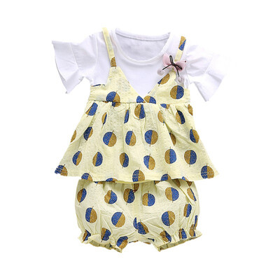 

Children Girls Cotton Clothes Casual Summer Fake 2 Piece Short Sleeve Floral Print T-shirtShorts Fashion Suits 2Pcs Costume Set
