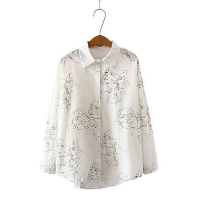 

Female Cotton Face Printing Full Sleeve Lapel Shirts Women Tops Ladies Clothing blusa feminina New Autumn Blouse Shirt