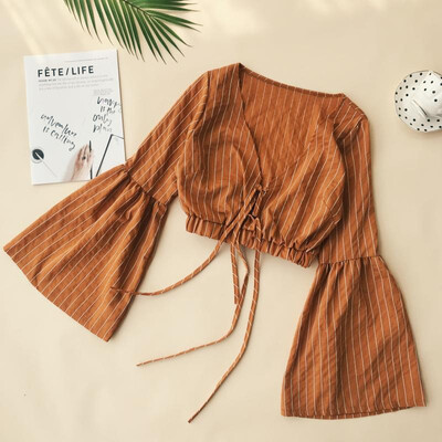 

Womens V Neck Striped Print Short Blouse Ladies Slim Lace Up Crop Top Female Shirt