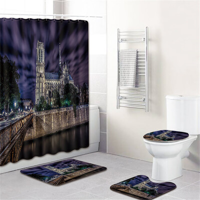 

Gobestart Waterproof Bathroom Shower Curtain Set Non-Slip Rug Toilet Lid Cover Bath Mat