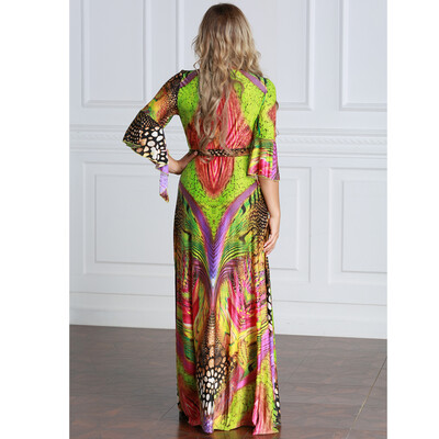 

Women Plus Size Muslim Dress Colorful Crochet Lace V Neck High Waist Tied Belt Long Gown Islamic Robe
