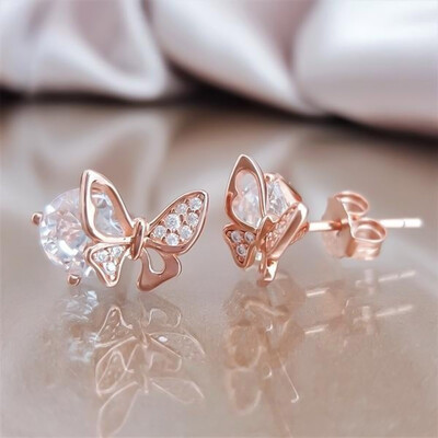 

14K Rose Gold Earring Butterfly Ear Studs Jewelry Elegant Earrings Zircon Diamond Earrings Crystal Earrings
