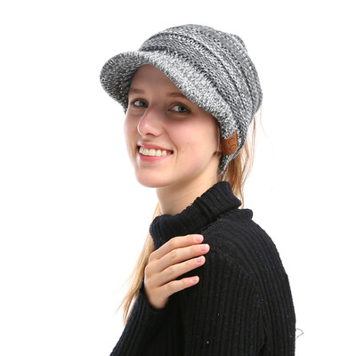 

Winter Women Girl Soft Warm Knitted Thicken Hat Ponytail Beanie Caps with Visor Outdoor Snow Ski Sports Cap