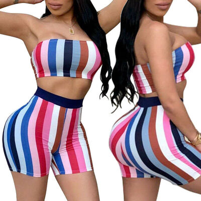 

Women Sexy Tube Strapless Crop Top&Bodycon Short Pants Clubwear 2 Piece Set