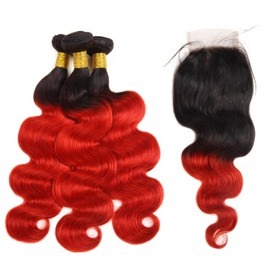 

Ishow 8A Brazilian Hair Weaves Extensions 3 Hair Bundles with Closure T1bRed Ombre Hair Body Wave Human Hair