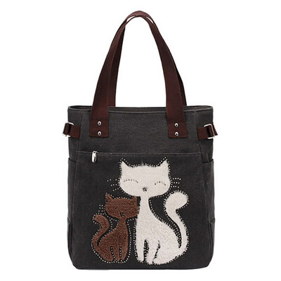 

Fashion Women Cat Print Large Capacity Zipper Tote Shoulder Bag Canvas Handbag