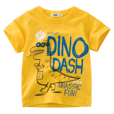 

Boy Short Sleeve Cotton T-Shirt Round Neck Tops Summer Kids Clothes Cute Cartoon Dinosaur Printing Shirt Tee Yellow 90