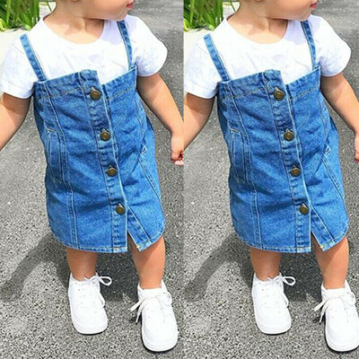 

Toddler Kids Baby Girls Tops T-shirt Denim Bib Skirt Dress 2PCS Outfits Clothes