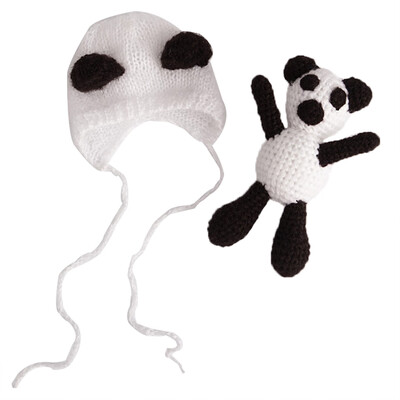 

2PCSSet Newborn Baby Photography Panda Hat Doll Kit Props Kids Photo Shoot Posing Cartoon Crechet Hat Cap Props