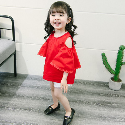 

Kids Summer Girls Sweet Strap Off-shoulder Wear Bottoming Trumpet Sleeved Solid Color Cotton Tops 0-2 Years