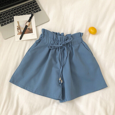 

New Summer Solid Pockets Shorts Women Elastic High Waist Casual Shorts Ladies Flare Shorts