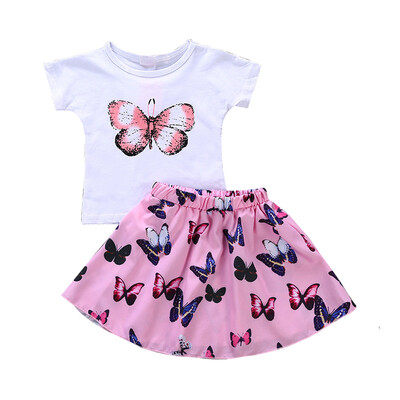 

Summer Kid Girl Letter T-shirt Tops Bow Floral Skirt 2Pcs Summe Clothes 2-6T Children Clothes Sets